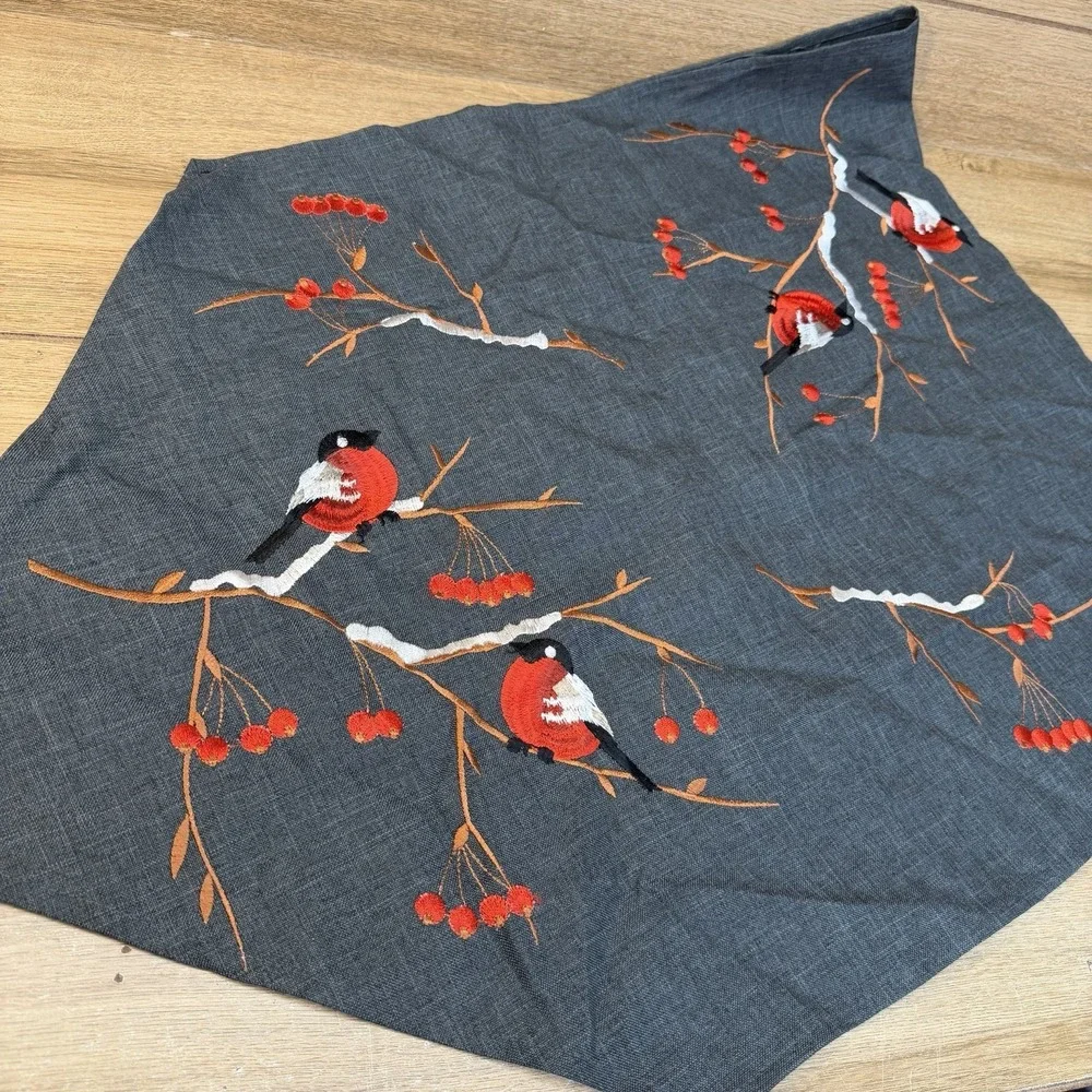 Rolande du Dreuilh Alpine Chalet Embroidered Table Runner Red Snow Birds Berries